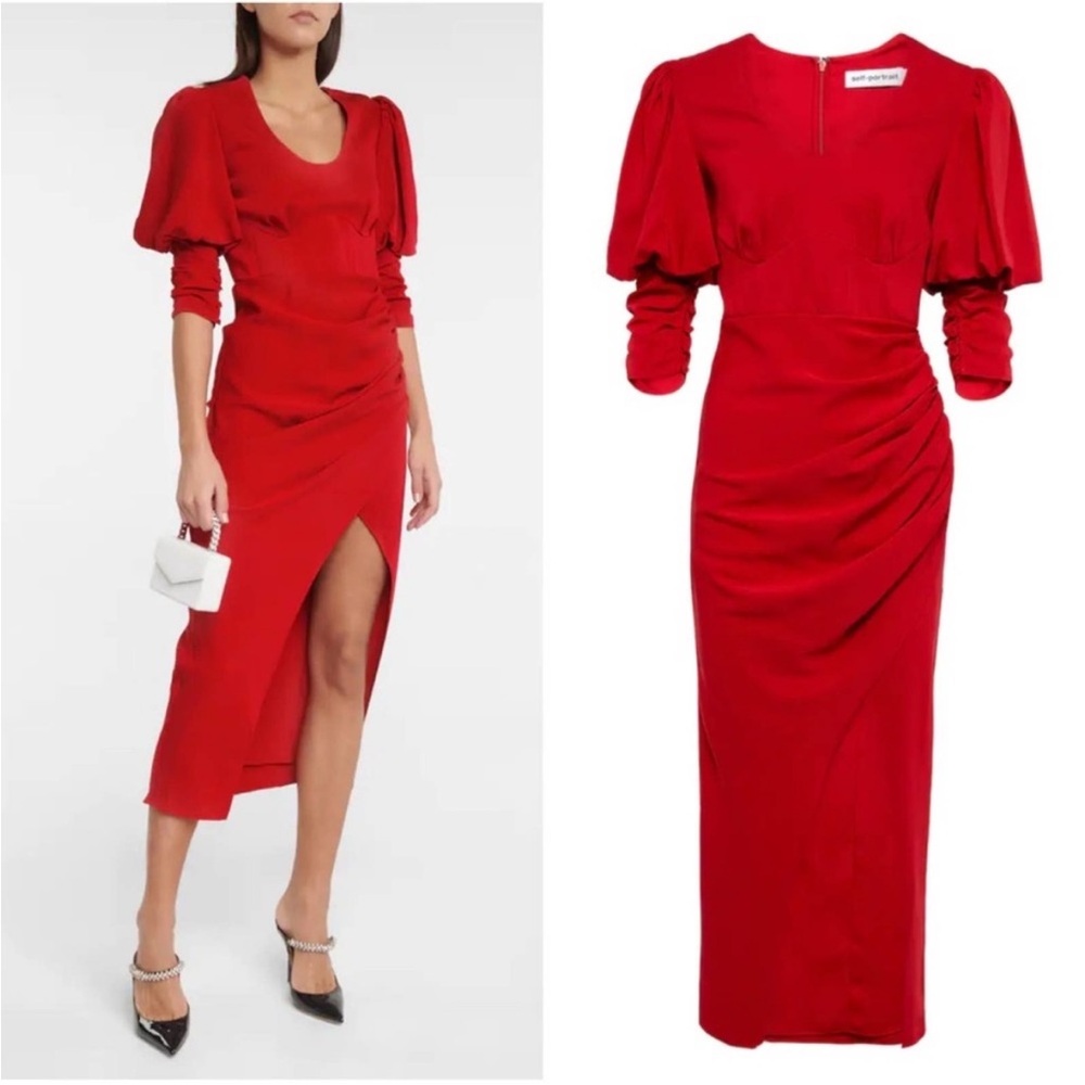 Self-Portrait Red Puff Sleeve Corset Body Gathered MIDI Dress Valentines Day 10